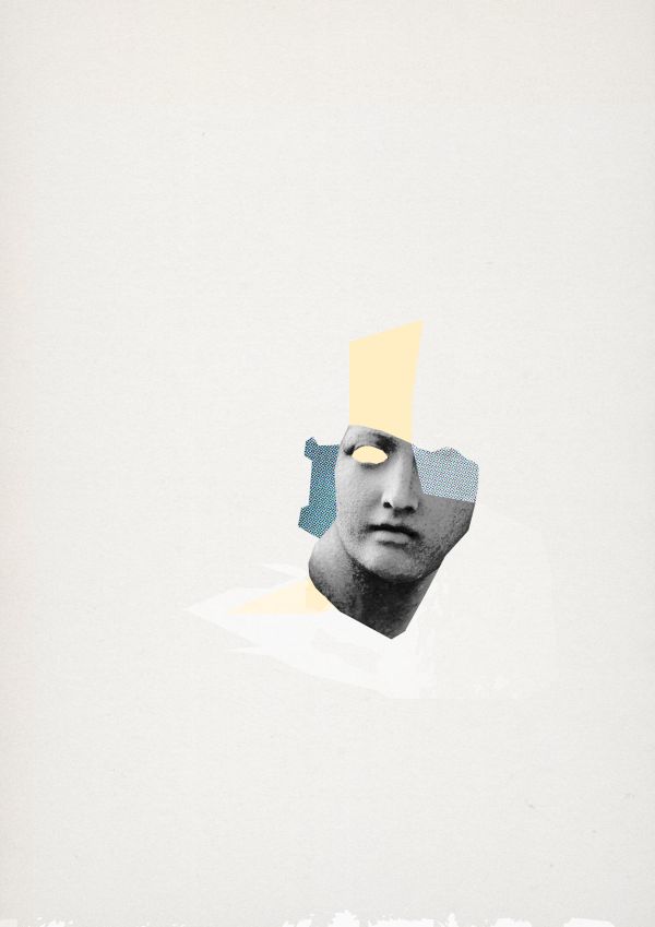 Collage consisting of a half face from a sculpture, color blocks and parts from a print screen
