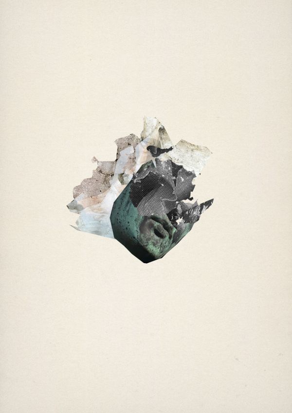 Collage consisting of a half face from a sculpture and different parts from print screens