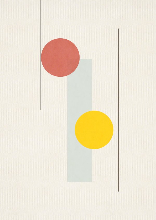 Collage depiciting a red and a yellow circle and thin black line