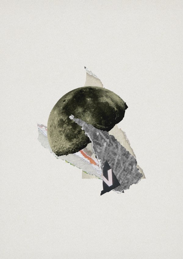 Collage consisting of different cutouts from a billboard poster and an old illustration of the moon