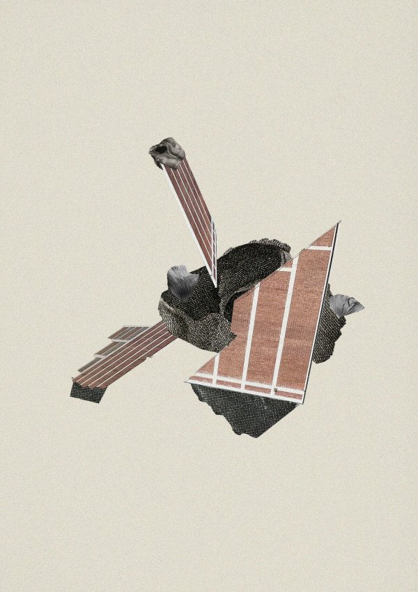 Abstract collage consisting of parts from old anatomical illustrations and a foto from a factory