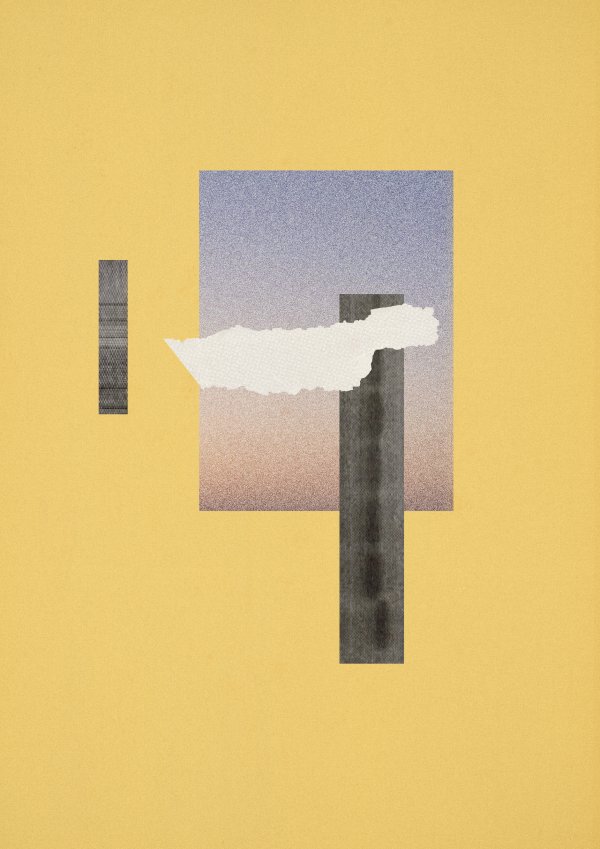 Abstract collage consisting of parts from an old science book and a sunset picture